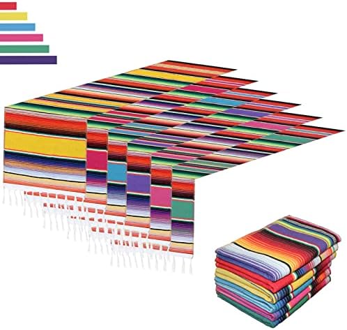 6 Pack Mexican Table Runners 14” x 84” Rainbow Colors Large Boho Mexican Theme Party Decoration for Cinco de Mayo Fiesta Party 6 Serape Table Runner (14” x 84”)