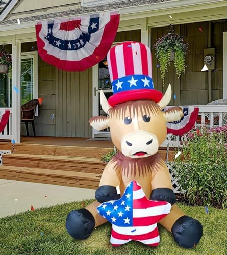 4FT Patriotic Independence Day 4th of July Inflatable Highland Cow Holding America Heart LED Lighted Blow Up Decoration Decor Home Yard Outdoor Indoor Decoration