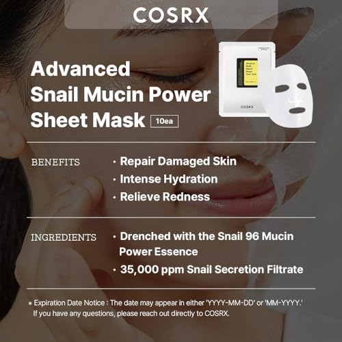 COSRX Snail Mucin Sheet Mask 10EA + Hydrogel Collagen Mask 3EA- Self Care, Stocking Stuffers, Travel Essentials, Gifts for Women, Face Masks for Dry Skin, Korean Skin Care