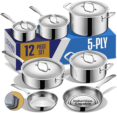 LEGEND COOKWARE 5-Ply Stainless Steel Cookware Set | 12-Piece Pot and Pan Set | Induction Compatible, Non-Toxic | Heavy Duty 18/8 Full Clad Construction | Oven Safe Even Heating | PFOA PTFE PFOS Free