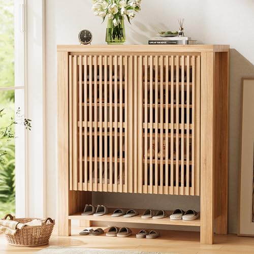 43" Tall Shoe Storage Cabinet with Doors, 8-Tier Entryway Shoe Cabinet with Adjustable Shelves, Modern Freestanding Shoes Rack Organizer Cabinet for Entryway Hallway Front Door