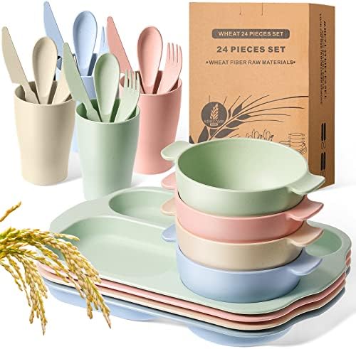 24 Pcs Wheat Straw Dinnerware Cutlery Set for Kids Toddler Aldult Including Divided Plates Microwave Dishwasher Safe Bowl Unbreakable Tableware Straw Cutlery Spoon Knife Fork(Beige/pink/green/blue)