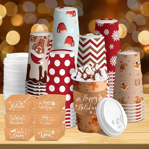 36 Sets/ 108 Pcs Christmas Paper Cups 16 oz Disposable Coffee Cups with Lids and Sleeves Xmas Hot Cocoa Coffee Mug for Cold Drinks Hot Chocolate Christmas Party Supplies(Cute)