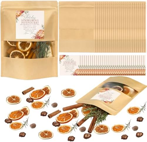 100 Pcs 50 Set Christmas Potpourri Bags Resealable Stand up Pouches with Simmering Potpourri Sticker Bakery Bag with Window Holiday Simmer DIY Gift Crafting Kit for Home Xmas Party Gift Decor
