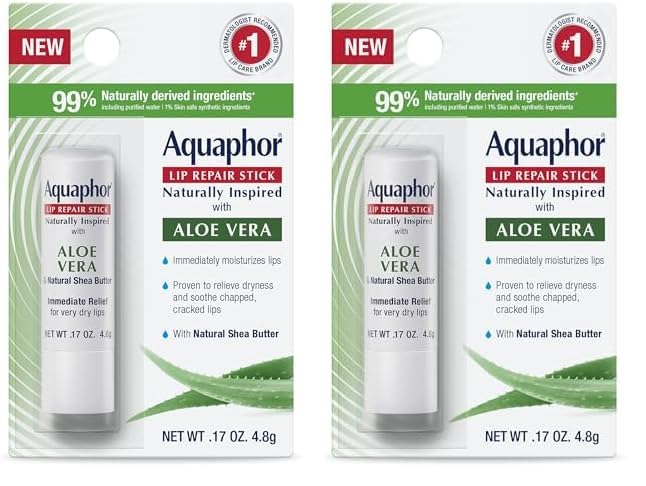 Aquaphor Naturally Inspired Lip Repair Stick with Aloe Vera and Natural Shea Butter, Hydrating Lip Balm Immediately Relieves Dryness, 0.17 Oz Stick (Pack of 2)