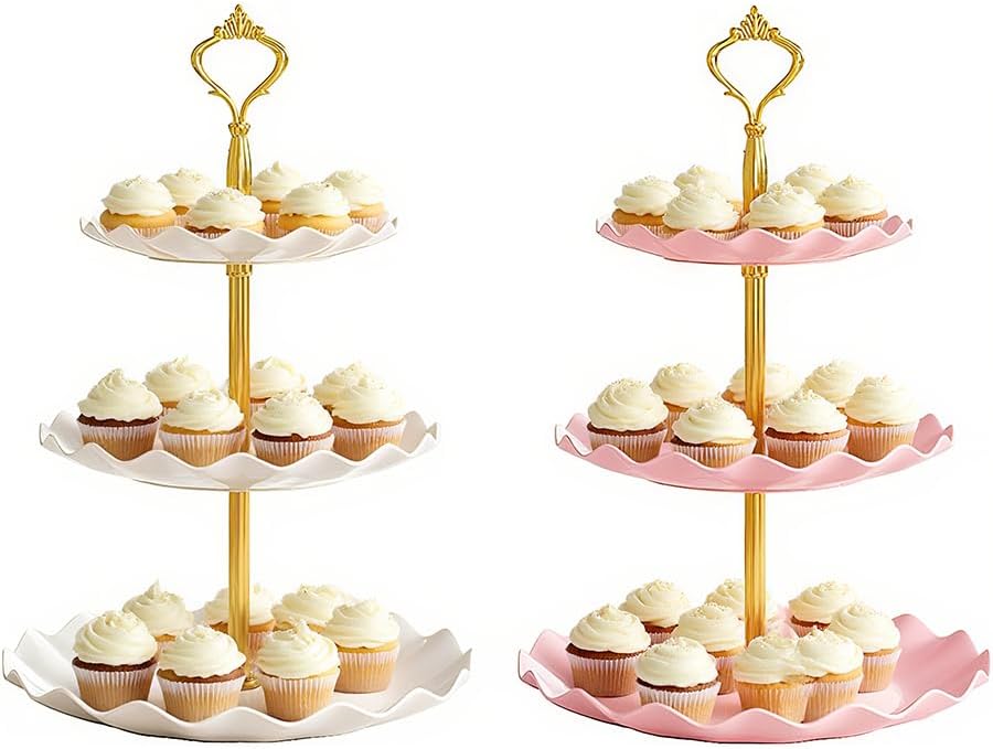 2 PCS 3 Tier Cupcake Stand Holder, Plastic Cupcake Holder Towel with Multiple Layers of Trays, Used for Cupcakes, Donuts, Fruits, Etc., White (White+Pink)