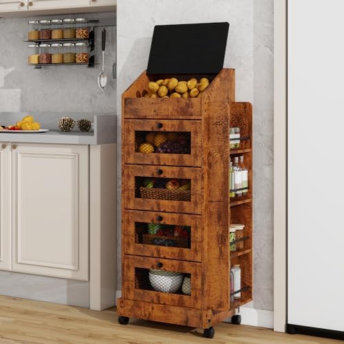 ARTETHYS Potato and Onion Storage Bin for Pantry 5-Tier Rolling Fruit and Vegetable Organizer with Spice Rack on Wheels Movable Large Bread Box Cabinet with 4 Ventilated Drawers for Kitchen, Rustic
