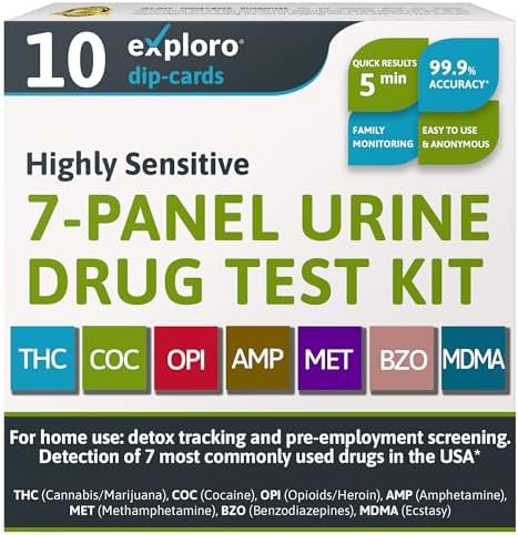 Exploro Home Drug Test Kit for all Drugs, 7-Panel Urine Drug Test for Marijuana, Cocaine, Opiates, Amphetamine, Methamphetamine, Benzos, Ecstasy, Drug testing kit DipCards for 7 Drug Test (Pack of 10)