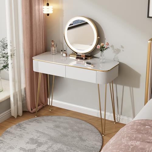 Small Vanity Desk with Mirror and Lights, 39" White and Gold Makeup Vanity Table with 2 Drawers, Modern Dressing Table for Women, Bedroom and Small Spaces