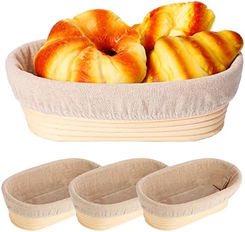 4 Pieces 10 Inch Bread Banneton Proofing Basket Oval Shape Bread Proofing Basket Rattan Oval Banneton Dough Proofing Bowls with Liners and Scatters for Home Sourdough Baking
