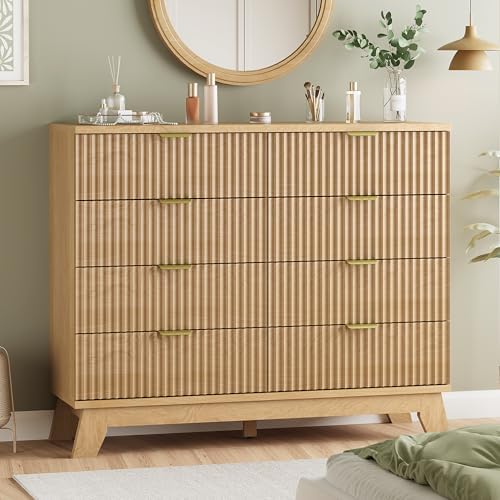 Fluted Dresser for Bedroom with 8 Drawers, 48" Wide Modern Chest of Drawers with Metal Handle, Wooden Dresser TV Stand, Wood Closet Clothes Storage Organizer for Living Room, Hallway, Natural Oak