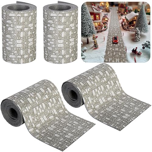 Iceyyyy 4 Pcs Christmas Village Cobblestone Road-39 x 3.5 Inch Cuttable Christmas Village Landscape Road-Miniature Xmas Villages Accessories for DIY Home Garden Street Landscape Decorations