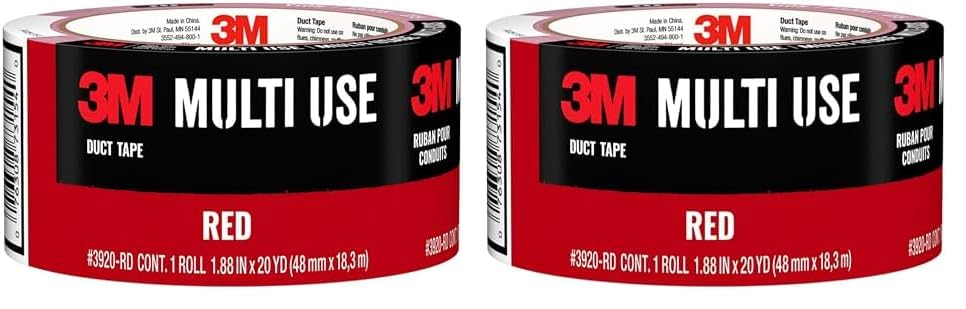 3M Multi-Use Colored Duct Tape, Red with Strong Adhesive and Water-Resistant Backing, Multi-Surface Duct Tape for Indoor and Outdoor Use, 1.88 Inches x 20 Yards, 1 Roll (3920-RD) (Pack of 2)