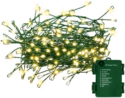 Battery Operated Christmas Lights, 20FT 200 Micro LED Fairy Lights with 8 Modes and Auto Timer, Green Copper Wire for Indoor Outdoor Christmas Tree Wreath Garland Garden Party,Warm White