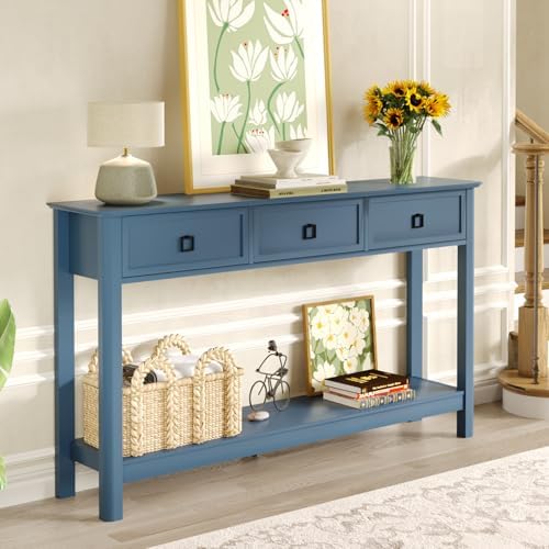 Treocho 53.1" Console Table with 3 Drawers, Modern Entryway Table, 2-Tier Narrow Long Sofa Table Behind Couch Table for Living Room, Hallway, Blue