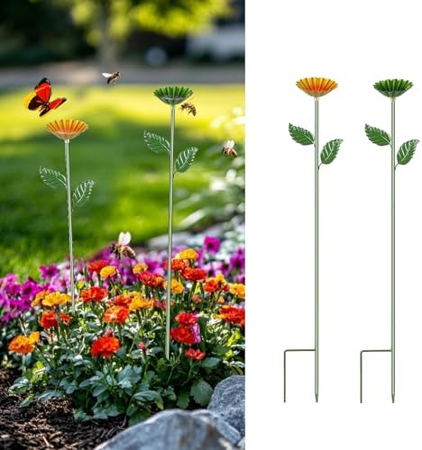 2 Pack Bee Watering Station,Colorful Metal Bee Bath Feeder for Garden, Butterfly Feeder and Bird Drinking with Flower Design, Outdoor Yard Decor (Cup-Yellow, Green)