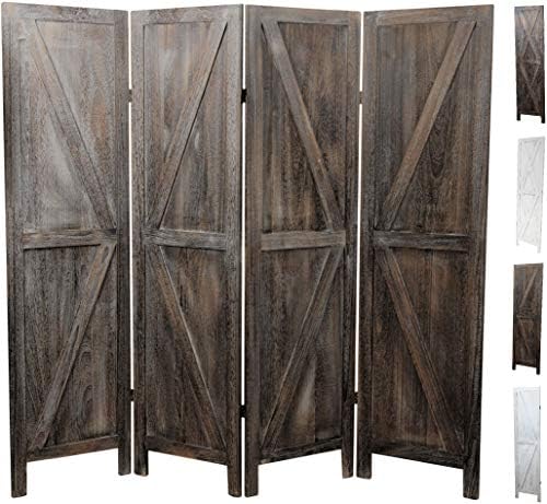 Premium Home 4-Panel Room Divider – Rustic Brown Barn Door, K Pattern Folding Privacy Screen, Partition Wall