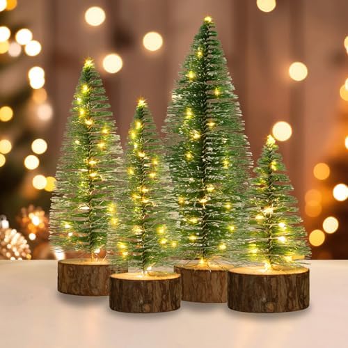 4 PCS Mini Christmas Trees, Artificial Bottle Brush Trees with 2 Modes Timer LED String Lights, Button Cell Battery Powered Desktop Small Pine Trees with Wooden Base for Home Xmas Decor (Warm White)