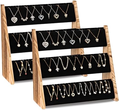 3 Tier Necklace Organizer Stand with Velvet, Wood Necklace Display Stands for Selling, Jewelry Display Stand for 72 Necklaces Bracelets (2 Pack)