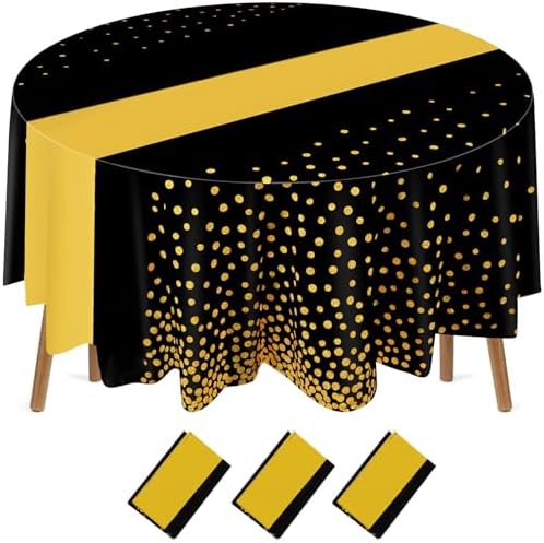 Newwiee 3 Pcs 84 Inch Polka Dot Round Disposable Tablecloths Plastic Table Cover Plastic Table Cloth with Runner Printed for 2025 Graduation Birthday Party Wedding Prom (Black,Gold)