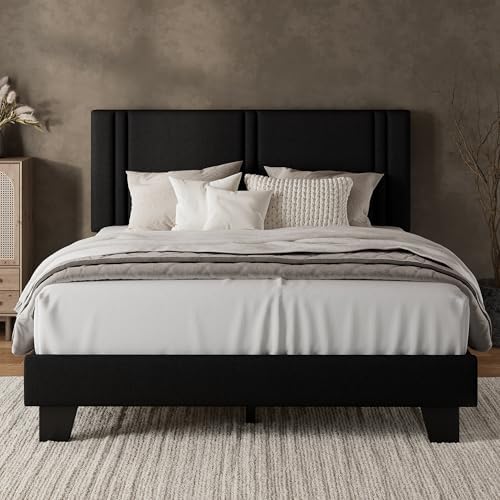 iPormis Queen Platform Bed Frame with Fabric Upholstered Headboard & Thickened Legs, Mattress Foundation with Solid Wooden Slats Support, No Box Spring Needed, Noise Free, Black