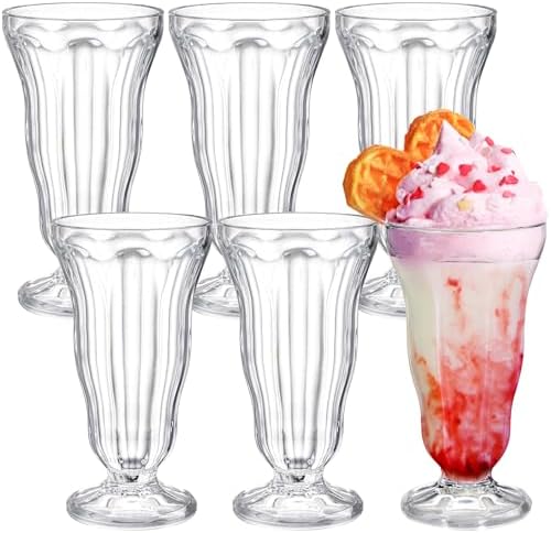 6 Pack Acrylic Milkshake Glasses, 15 OZ Plastic Old Fashioned Soda Glass, Shatterproof Footed Ice Cream Cups, Clear Pina Colada Fountain Glasses, Great for Juice, Tropical Drinks, Party