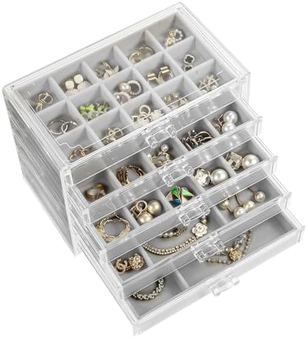 5 Drawers Clear Jewelry Box for Women and Girls, Acrylic Earring Holder Organizer Ring Holder Display Storage, Gray