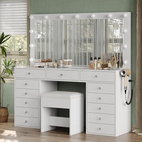 55'' Vanity Desk, Makeup Vanity with Charging Station, 13 Drawers with Lighted Mirror, 3 Lighting Modes, Brightness Adjustable, Glass Top, Vanity Table with Chair for Bedroom, White