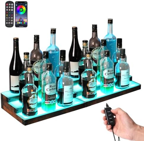 2-Pack 16‘’ LED Lighted Liquor Display, 3-Tier 30Inch Total Bar Shelves for Liquor Bottle, Illuminated Home Bar Shelf with RF & App Control, 7 Colors, Music Sync& 1-4H Timming, Light-Up Whiskey Rack