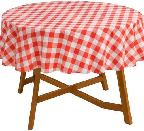 Oojami Pack of 4 Round Checkered Tablecloth - Red & White Plastic Disposable Table Covers for Parties and Events - 78" Diameter