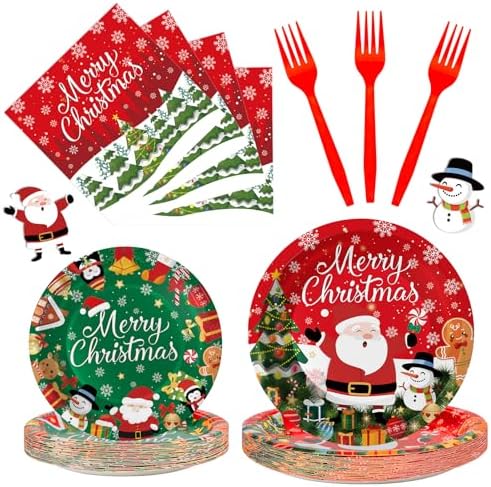 100 Pcs Merry Christmas Plates and Napkins Sets - Cute Winter Christmas Round Tableware, Disposable Chrismas Paper Plates and Napkins Forks for Xmas Party Supplies Favors Table Decor, Serves 25