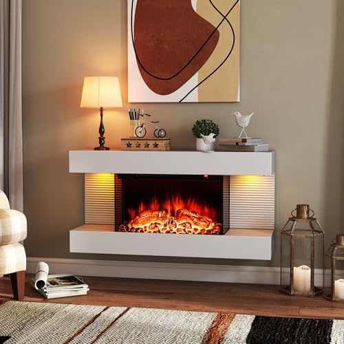ORALNER 18-Inch Wall Mount Electric Fireplace with 32-Inch Floating Mantel, Remote, 3 Sided Electric Fireplace, 12 Adjustable Color Effect, 1500W Heater, White (32-INCH)