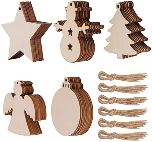 50 Pcs Unfinished Paintable Blank Wooden Christmas Festival Decoration Ornaments, Xmas Tree Hanging Wood Slices for Kids DIY Art Crafts, 5 Designs-Christmas Tree, Snowman, Stars, Angel, Round
