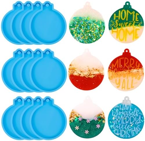 12pcs Christmas Silicone Resin Molds, Blue Round Shape Epoxy Mold for Ornaments, Tree Decorations, DIY Craft Keychain Pendant Making