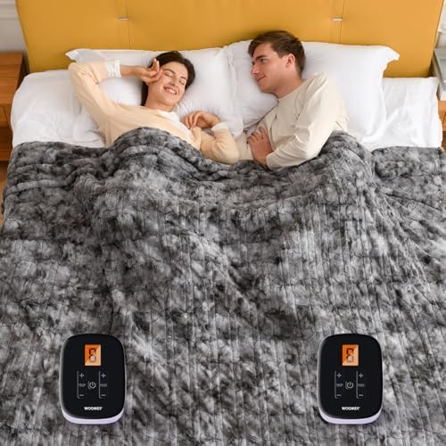 WOOMER Heated Blanket King Size 100" x 90", Electric Blanket with Dual Controllers, 0.5-12 Hours Timer & 10 Heating Levels, ETL Certified, Marble Gray Double-Sided Faux Fur, Machine Washable