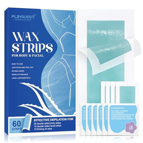 60 Count-Wax Strips, Face Waxing Kit For Women, Body Wax Strips - Brazilian Waxing, Suitable For All Skin Types, 10 Calming Oil Wipes Hypoallergenic For Hair Removal, For Women and Men.