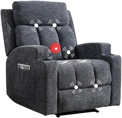 CANMOV Manual Recliner Chair with Massage and Heat,Soft Fabric Recliner Chair with Overstuffed Arm and Back, Manual Reclining Single Sofa with 2 Cup Holders, Side Pocket for Living Room,Dark Grey