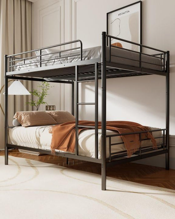 Full Over Full Metal Bunk Bed for Adults & Kids, Convertible to 2 Separate Full Size Beds, Heavy Duty Bunk Bed Frame with Full-length Guardrail & EVA Padded Ladder, No Box Spring Needed, Black