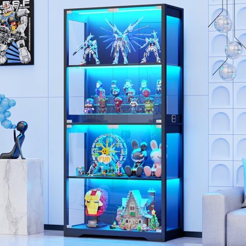 Display Cabinet with Glass Doors, 4-Tier Curio Cabinet with 3 Color Lights for Collectibles, Glass Display Case with Human Body Sensor, Bookcase with 4 Shelves, Storage Cabinets, Black