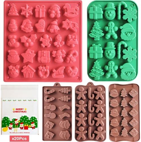 Christmas Silicone Chocolate Molds，5 Pack Christmas Silicone Candy Molds with 20pcs Christmas Candy Bags for DIY Chocolate Ice Cube Jello Cake Topper Handmade Soap Wax Melts Candles Resin