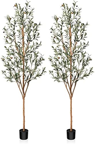 Kazeila Artificial Olive Tree 7FT Tall Faux Silk Plant for Home Office Decor Indoor Fake Potted Tree with Natural Wood Trunk and Lifelike Fruits, 2 Pack