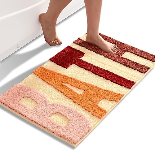 Beige Bathroom Rugs - Cute Non-Slip Bath Mats, Thick Soft Shaggy Rug, Aesthetic Decor, Super Absorbent Machine Washable Carpet for Shower, 16 x 24