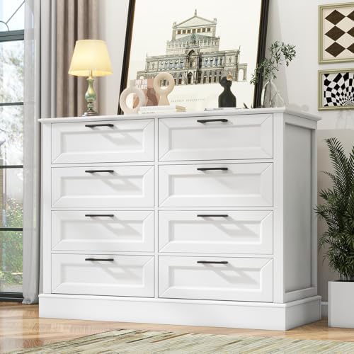 Odeekea White Dresser for Bedroom, Wood Dresser with 8 Drawers, Chest of Drawer for Bedroom Living Room Entryway Hallway, Modern Farmhouse Style
