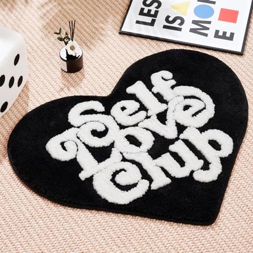 ELDONE Self Love Club Rug Heart Shaped - Cute Bath Mat Non Slip, Funky Aesthetic Groovy Small Accent Rugs for Bedroom Bathroom, Girls Preppy Room Decor, Black and White Heart Rug 28"x23"