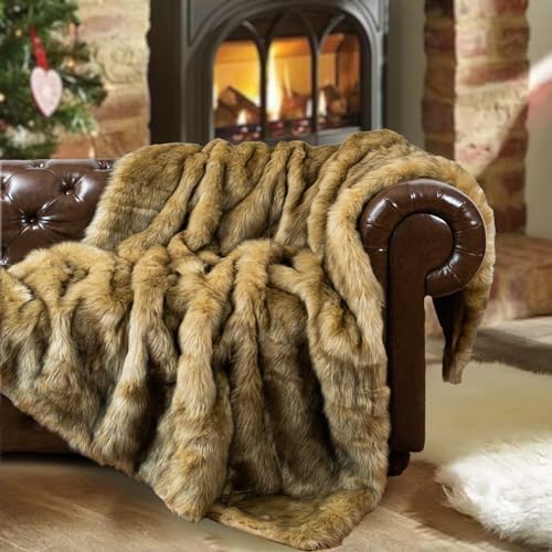 BATTILO HOME Luxury Golden Faux Fur Blanket, 60"x 80" Large Fur Throw Blankets for Bed, Couch, Soft Warm, Fuzzy, Fluffy, Golden with Back Tipped Blanket, Reversible to Plush Velvet