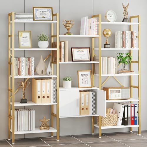 Yusong Bookshelf Triple Wide 5 Tier Bookcases with Storage Cabinet, Industrial Large Modern Tall Bookshelves with 12 Open Display Shelves for Living Room Office Bedroom, White and Gold