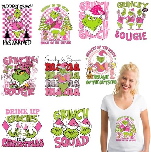 9 Sheets Christmas Heat Transfers Vinyl, Iron on Transfers for T-Shirts, Christmas Iron on Decals for Clothes Bag Pillow Covers DIY Decorations (Pink-9pcs)