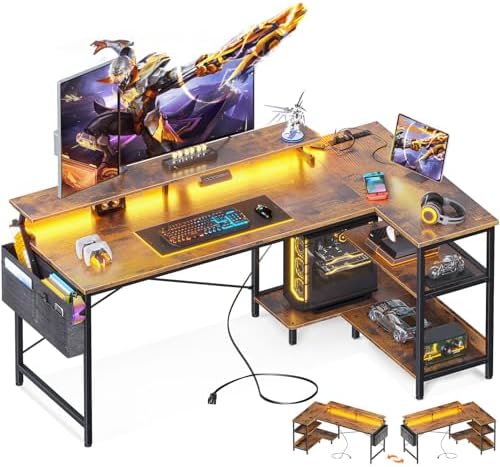 ODK 58 Inch Gaming Desk with USB Charging Ports and LED Lights, Reversible L Shaped Computer Desk with Storage Shelves & Monitor Stand, Corner Home Office Desk Table with Power Outlets, Vintage