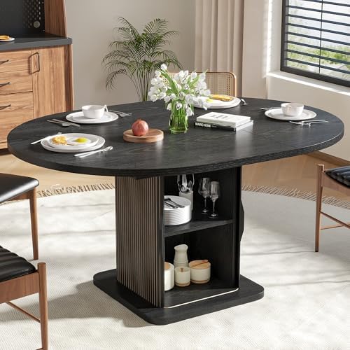 Extendable Black Round Dining Table for 4-6-8, 59 Inch Kitchen Dining Room Table with Storage, Modern Oval Circle Dinner Furniture, Fluted Wood Slide Door, for Home, Living Room, Farmhouse, Black