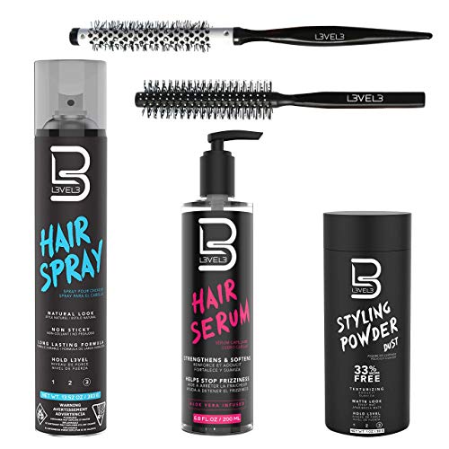L3 Level 3 Hair Serum, Round Brush Set, Styling Powder & Hair Spray Kit - Repairs your Damaged Hair - Softens and Smoothing - Easy to Apply with No Oil or Greasy Residue - Professional Design